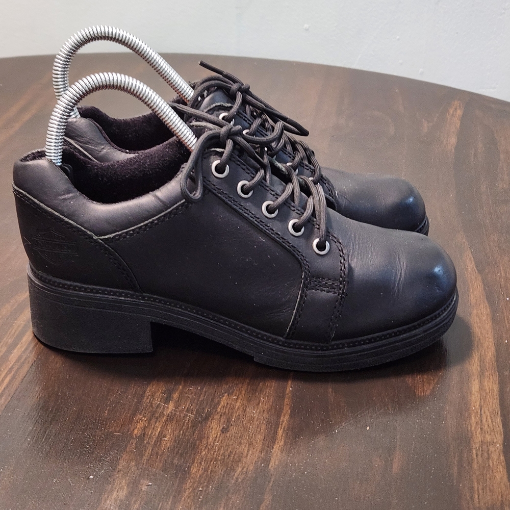 Harley Davidson Chunky Platform Motorcycle Shoes Lace Up Black Leather Womens 8 - Picture 2 of 11